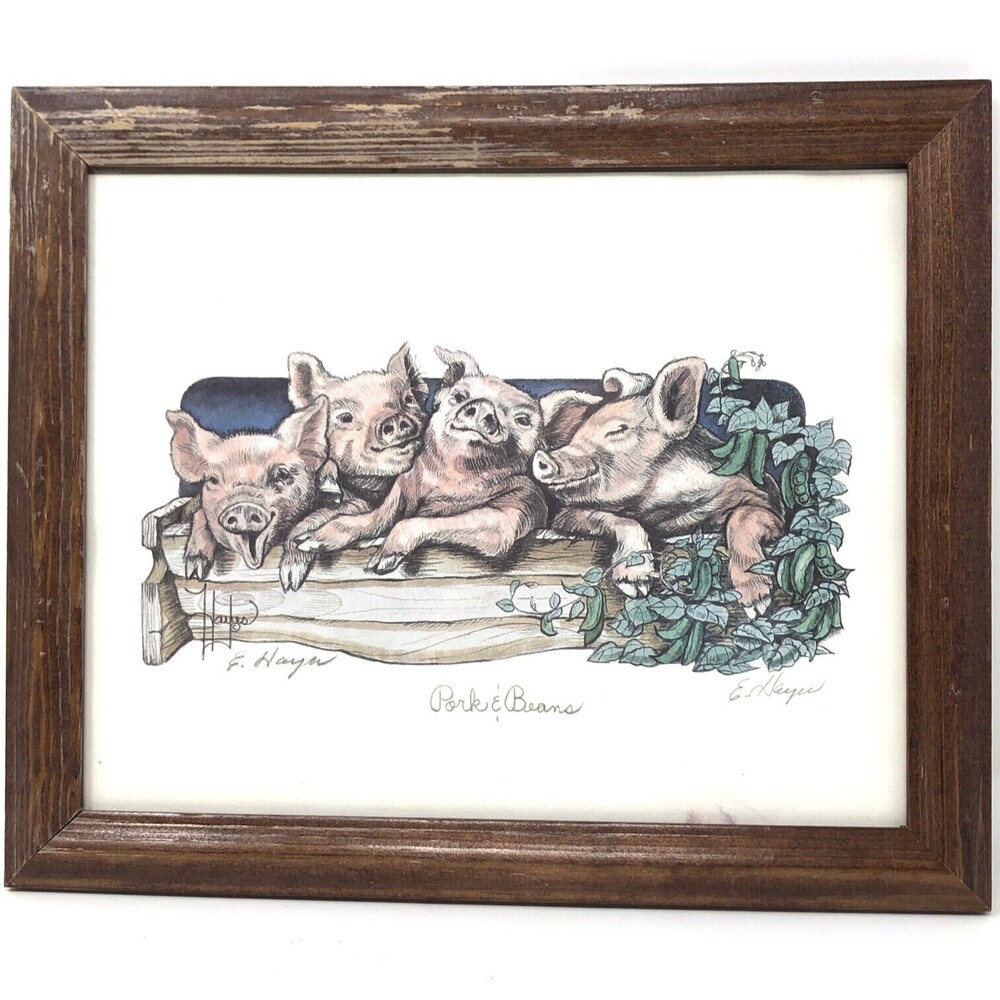 Eileen Hayes Pigs Art Print Titled Pork and Beans VTG Signed FRAMED Countrycore